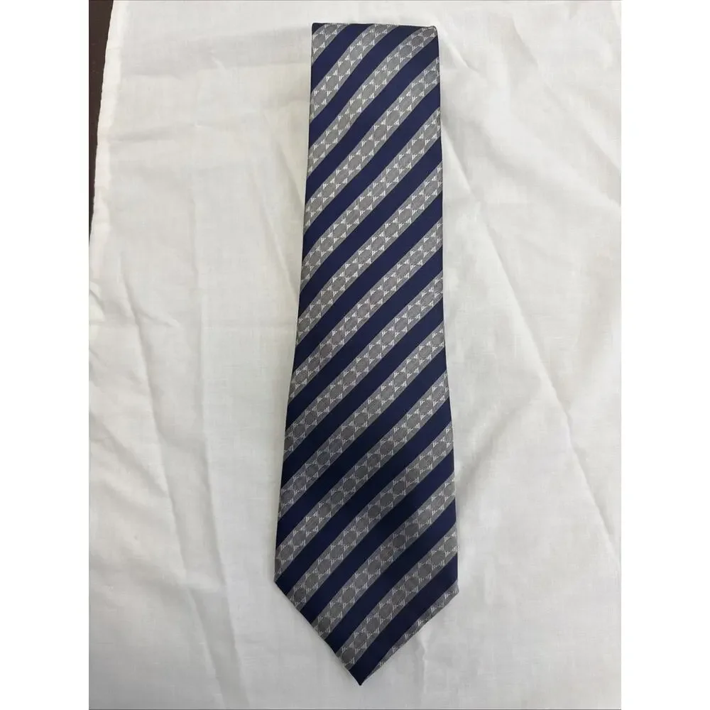 Eddia Men's Silk Tie Luxury Blue And Silver Stripe Textured Geometric Pattern